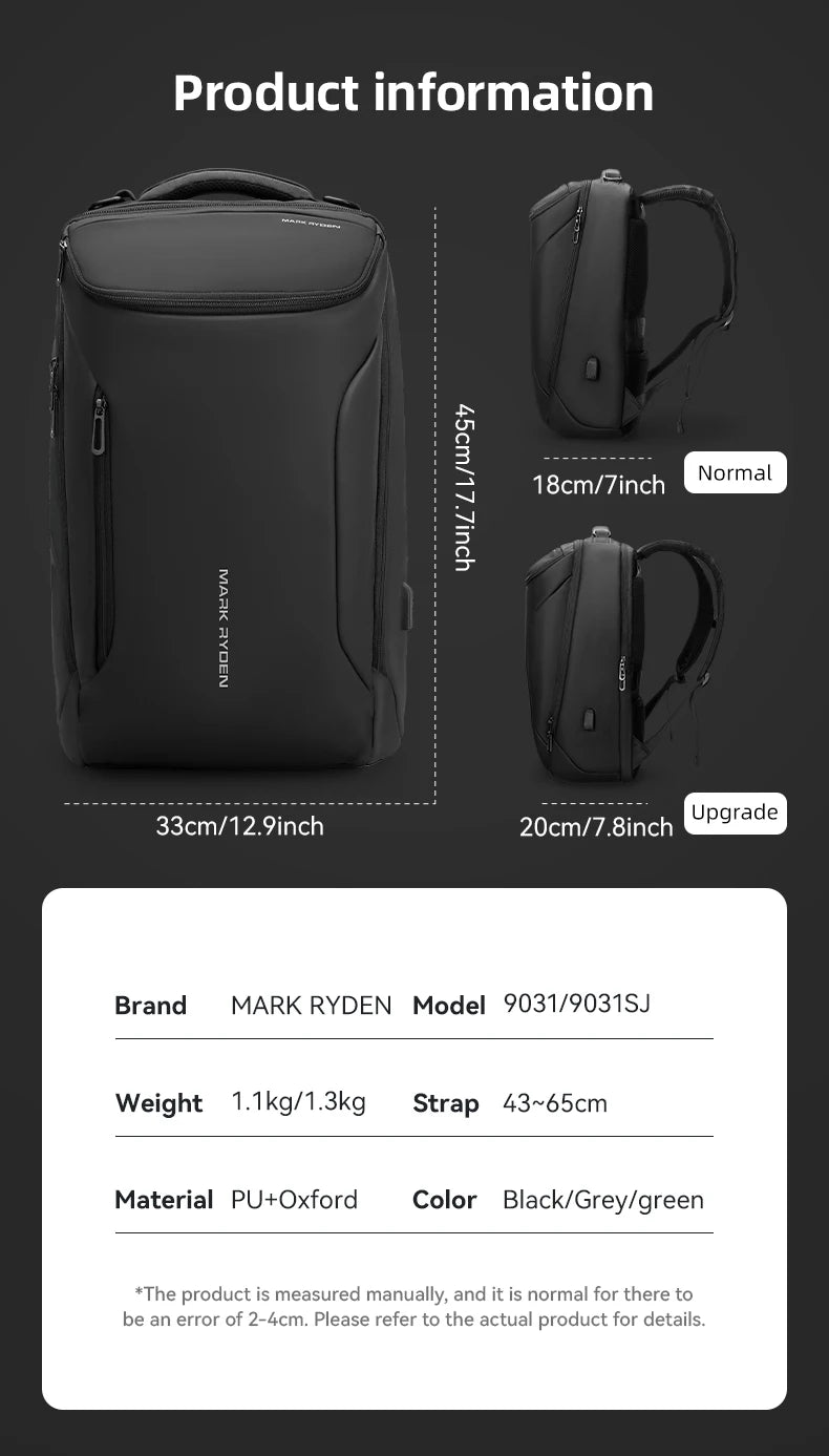 MARK RYDEN Waterproof Business & Travel Backpack with USB Charging