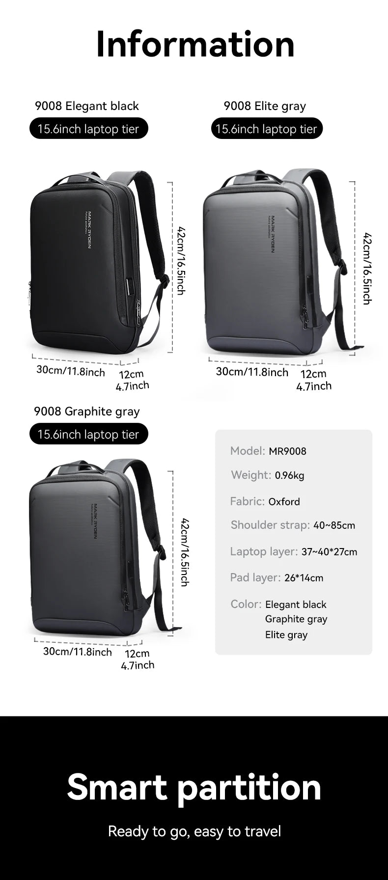 MARK RYDEN Slim Laptop Backpack for Men Business Minimalist Backpack YKK Zipper Scratch Resistant With USB