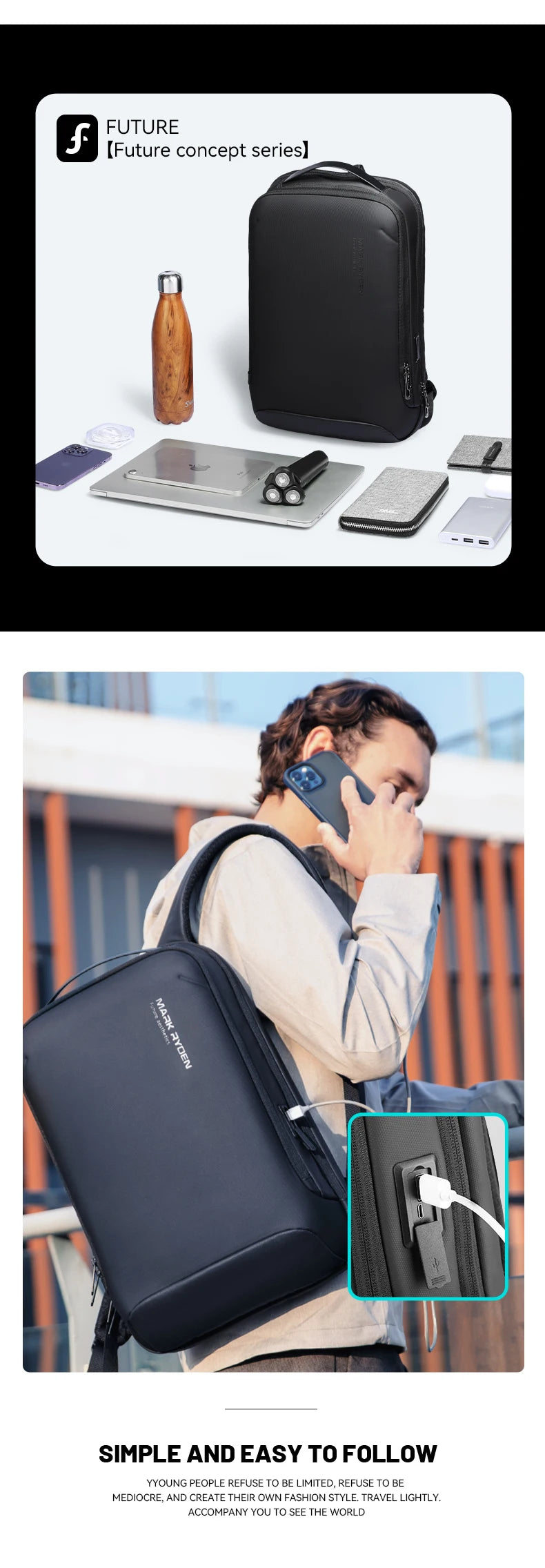 MARK RYDEN Slim Laptop Backpack for Men Business Minimalist Backpack YKK Zipper Scratch Resistant With USB