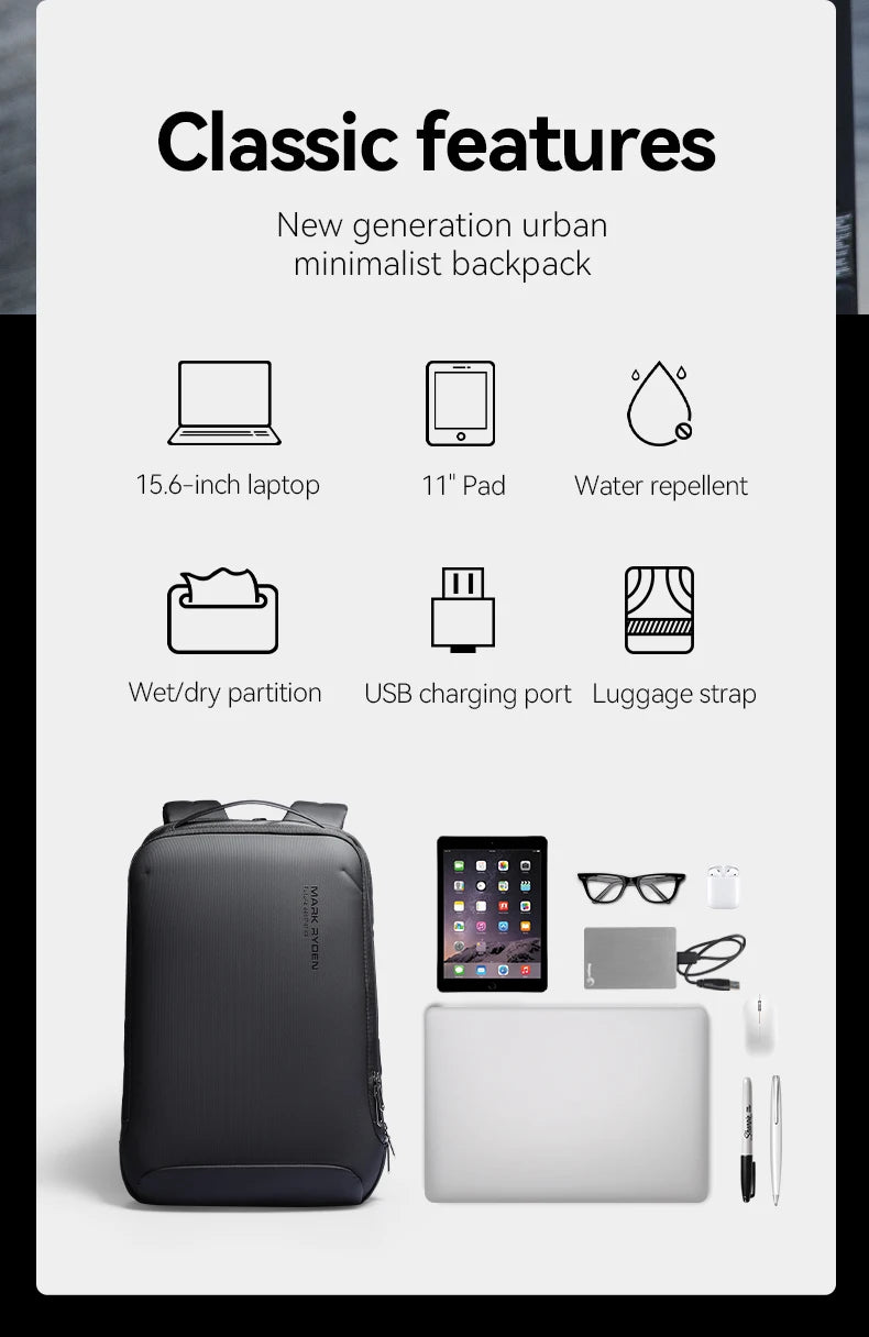 MARK RYDEN Slim Laptop Backpack for Men Business Minimalist Backpack YKK Zipper Scratch Resistant With USB