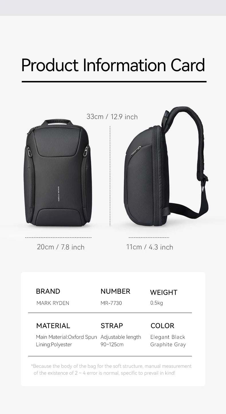 MARK RYDEN Crossbag Men's Chest Bag Waterproof  Functional Backpacks