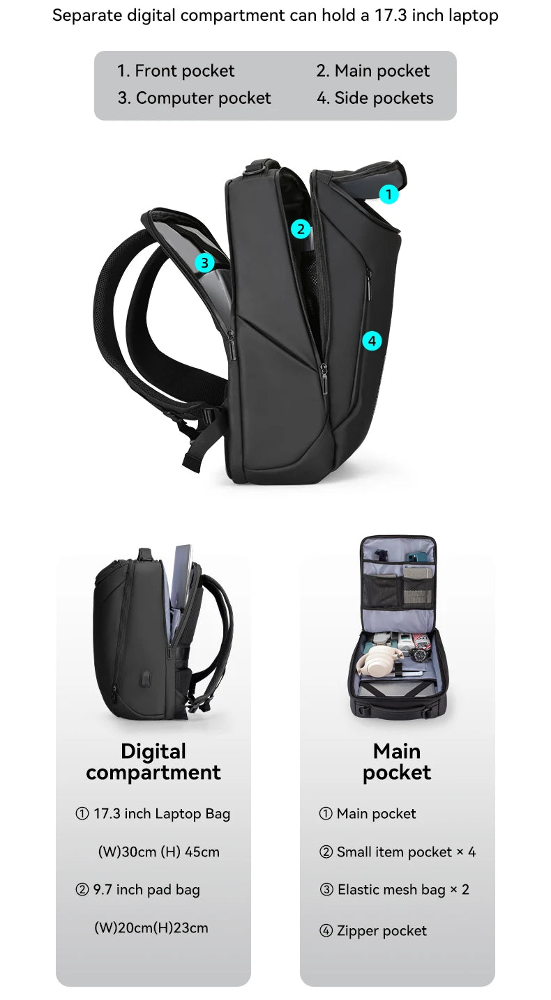 MARK RYDEN Waterproof Business & Travel Backpack with USB Charging