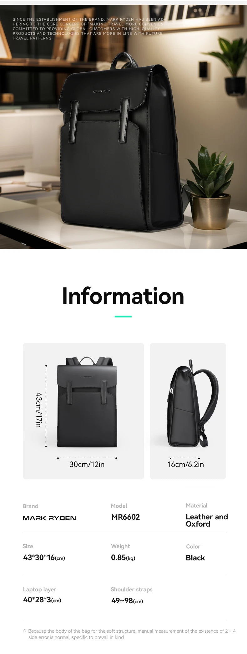 Mark Ryden Oxford +PU Leather Fabric  Light  Men's Business BackpackLeisure Computer Nordic Wind Student Bag